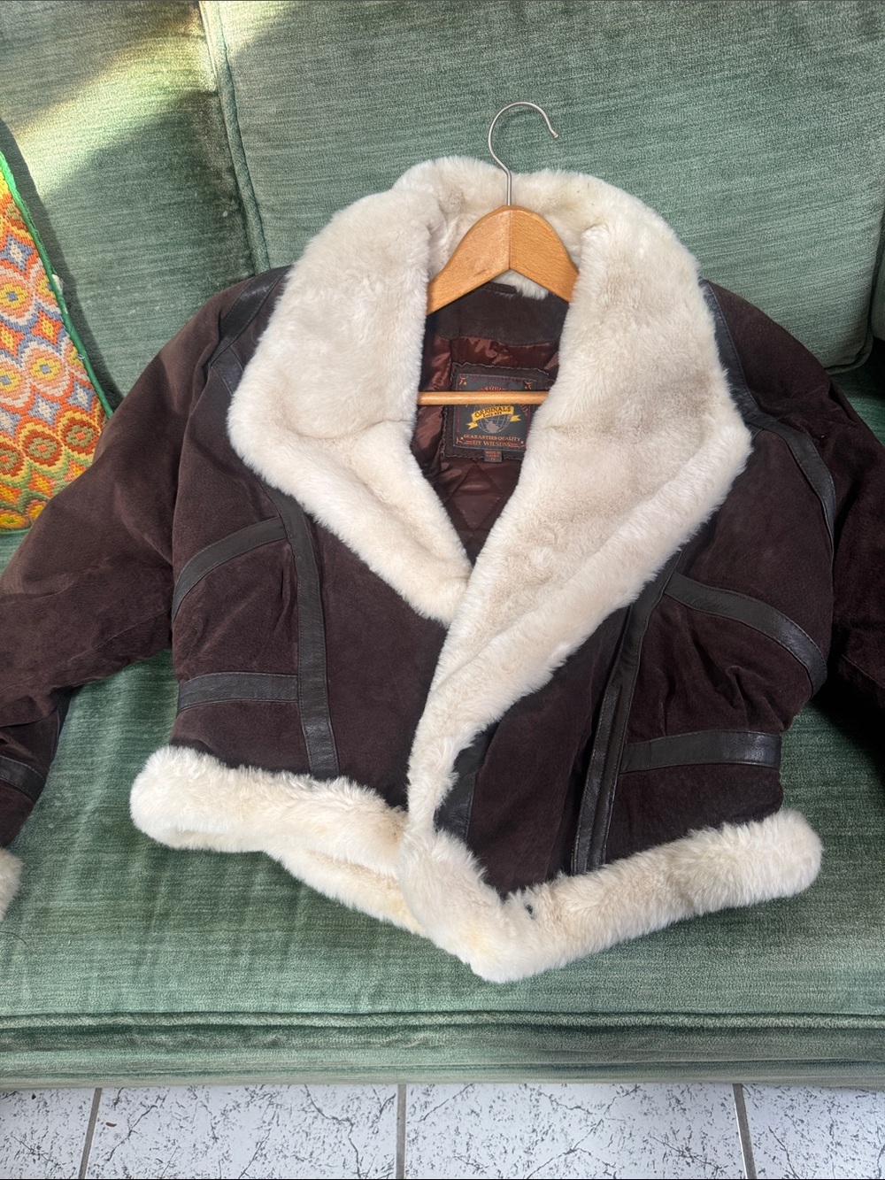 Vintage Women's Dark Brown Suede Bomber Jacket with Cream Shearling Collar